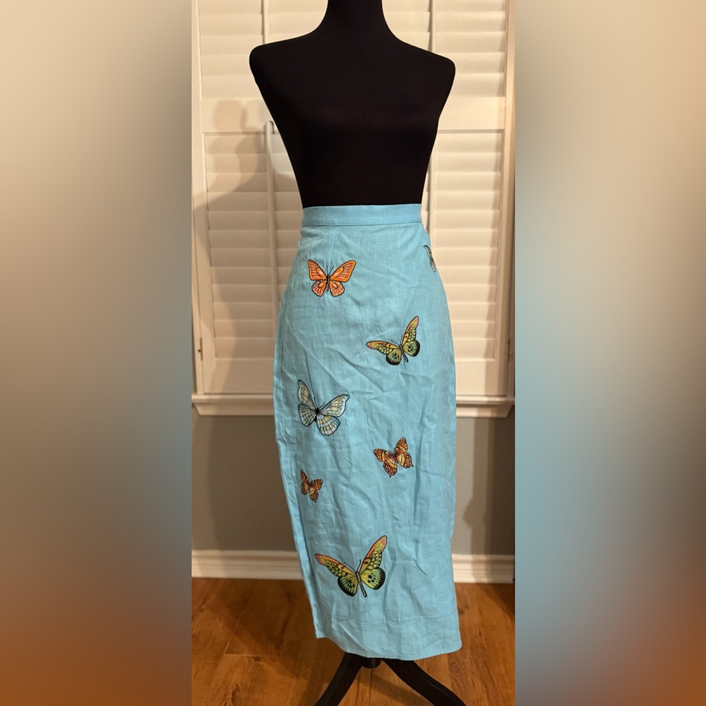 NWT Fanm Mon Marion Linen Teal Butterfly Midi Pencil Skirt Size S - Picture 2 of 4